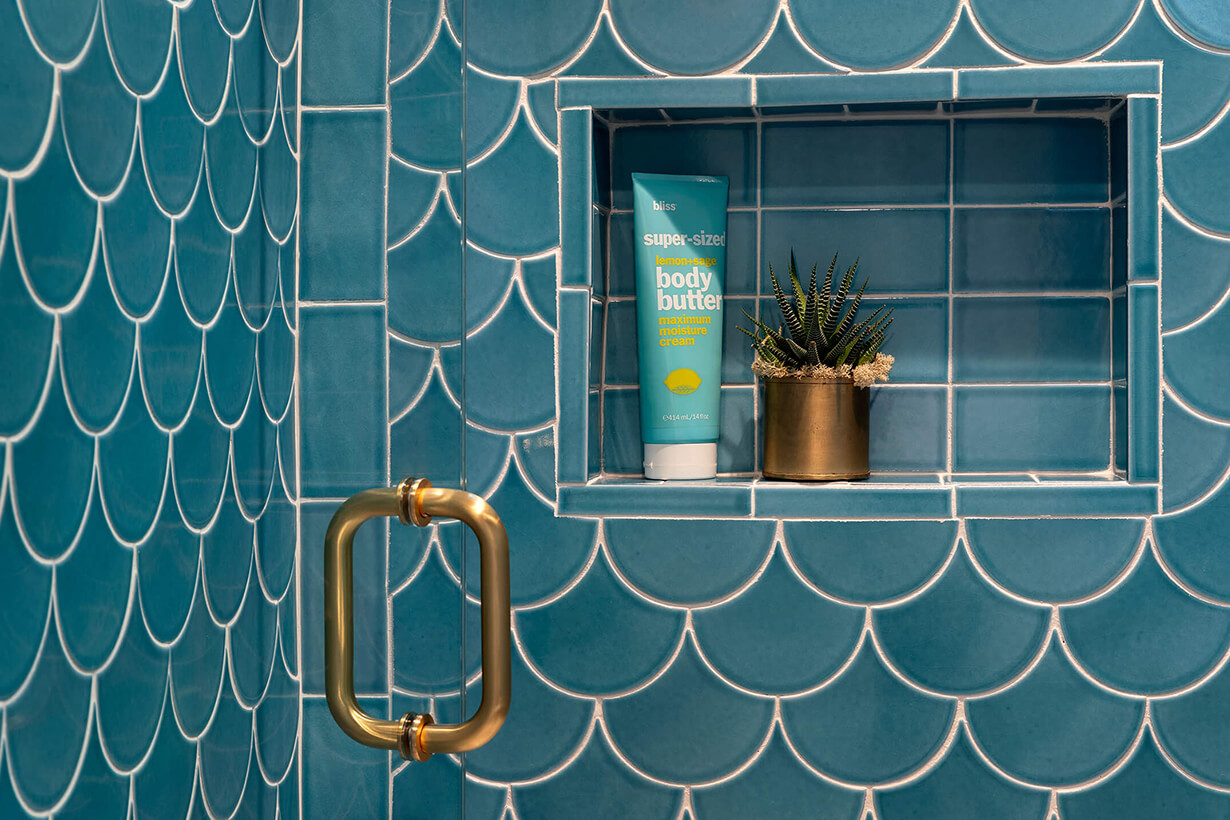 Turquoise guest bath and powder rom